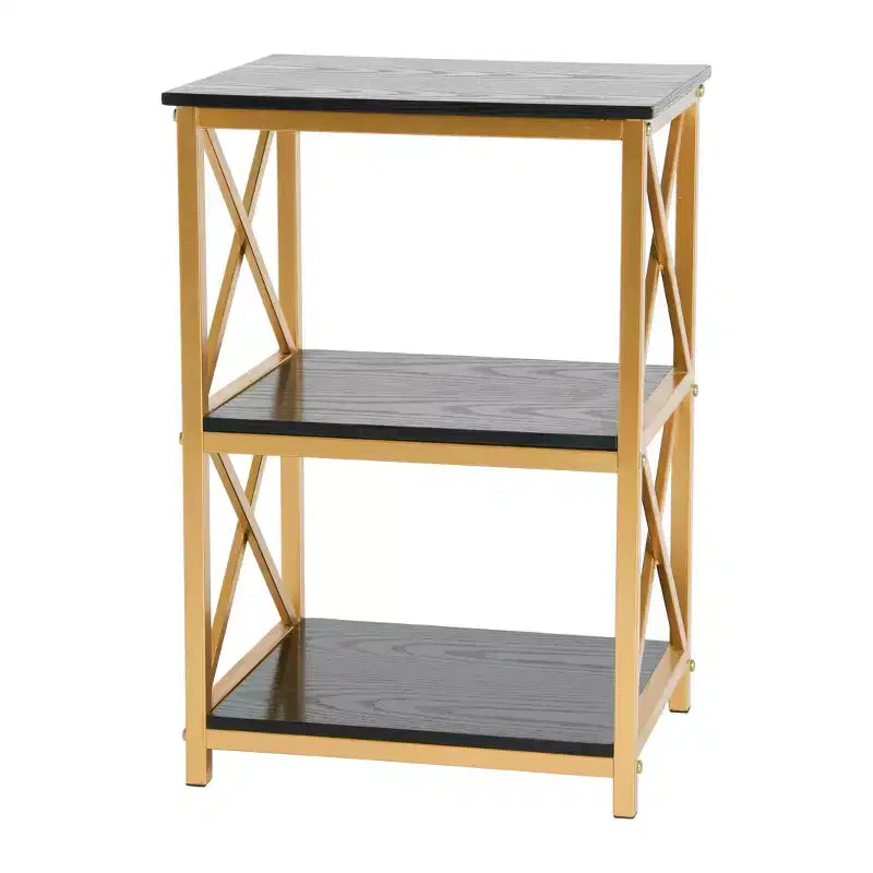 Table d'appoint à 3 niveaux en métal et bois recyclé, noir et or