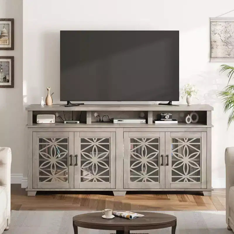 GustoWave 70.9 Farmhouse TV Stand, Entertainment Center with Glass Door & LED Lights for Living Room, Bedroom