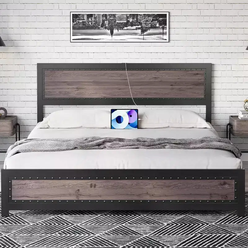 CuisinSmart Metal Bed Frame with Headboard and Footboard, Headboard and Footboard with Rivets, Platform Bed Frame, 10.8''Under Bed Storage