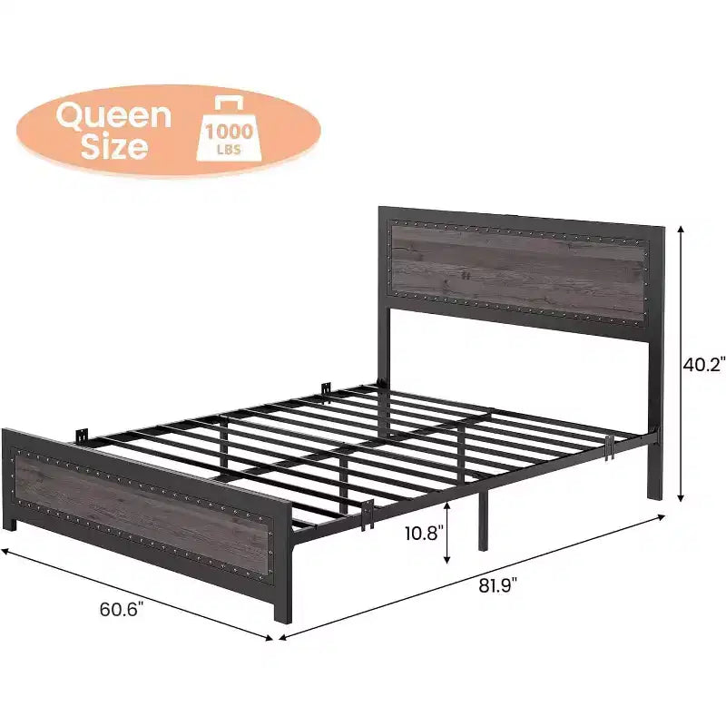 Cadre de lit en métal CuisinSmart avec tête et pied de lit, tête et pied de lit avec rivets, cadre de lit plateforme, rangement sous le lit de 27,4 cm
