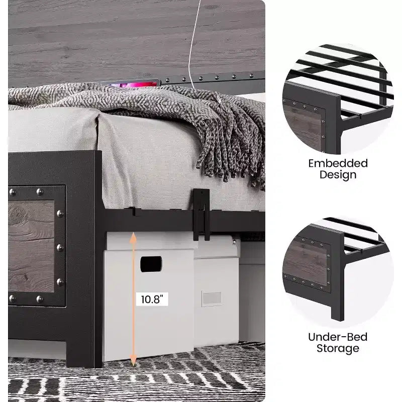 Cadre de lit en métal CuisinSmart avec tête et pied de lit, tête et pied de lit avec rivets, cadre de lit plateforme, rangement sous le lit de 27,4 cm