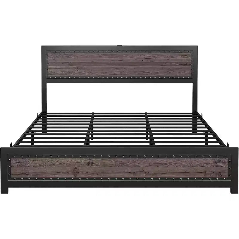 Cadre de lit en métal CuisinSmart avec tête et pied de lit, tête et pied de lit avec rivets, cadre de lit plateforme, rangement sous le lit de 27,4 cm