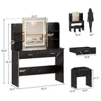 Coiffeuse GustoWave avec miroir et lumières, ensemble de coiffeuse de maquillage avec tabouret rembourré, prise de courant, 6 étagères de rangement, 2 tiroirs