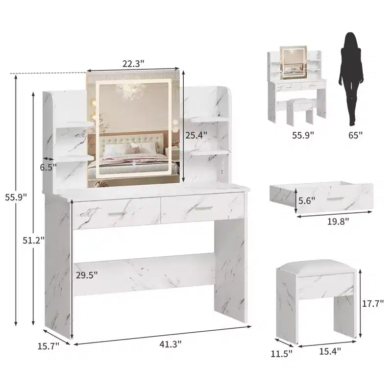 Coiffeuse GustoWave avec miroir et lumières, ensemble de coiffeuse de maquillage avec tabouret rembourré, prise de courant, 6 étagères de rangement, 2 tiroirs