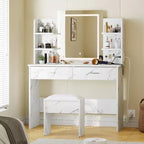 Coiffeuse GustoWave avec miroir et lumières, ensemble de coiffeuse de maquillage avec tabouret rembourré, prise de courant, 6 étagères de rangement, 2 tiroirs