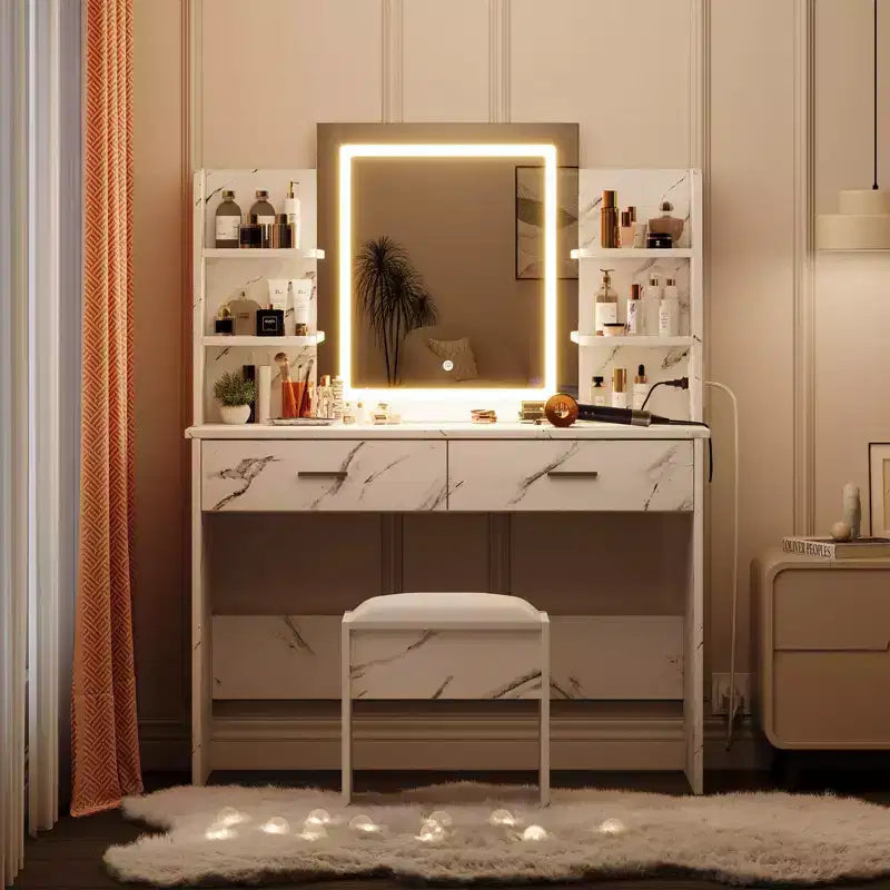 Coiffeuse GustoWave avec miroir et lumières, ensemble de coiffeuse de maquillage avec tabouret rembourré, prise de courant, 6 étagères de rangement, 2 tiroirs