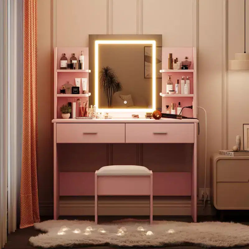 Coiffeuse GustoWave avec miroir et lumières, ensemble de coiffeuse de maquillage avec tabouret rembourré, prise de courant, 6 étagères de rangement, 2 tiroirs