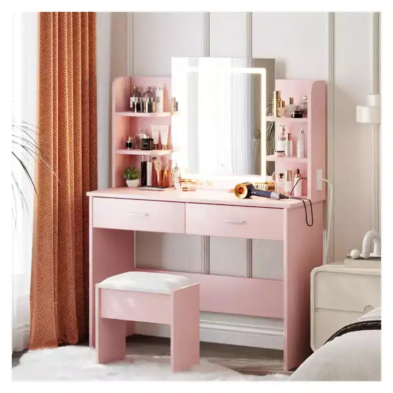 Coiffeuse GustoWave avec miroir et lumières, ensemble de coiffeuse de maquillage avec tabouret rembourré, prise de courant, 6 étagères de rangement, 2 tiroirs