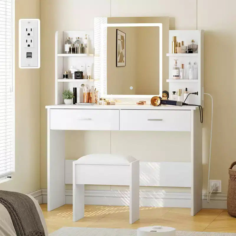 Coiffeuse GustoWave avec miroir et lumières, ensemble de coiffeuse de maquillage avec tabouret rembourré, prise de courant, 6 étagères de rangement, 2 tiroirs