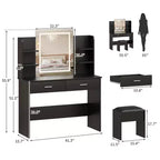 Coiffeuse GustoWave avec miroir et lumières, ensemble de coiffeuse de maquillage avec tabouret rembourré, prise de courant, 6 étagères de rangement, 2 tiroirs