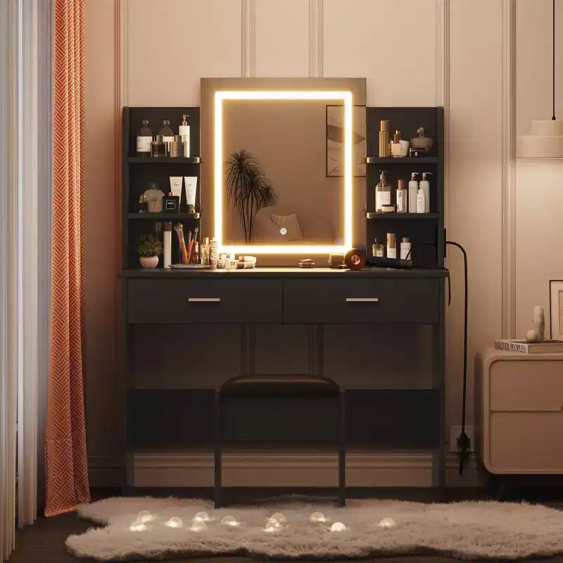 Coiffeuse GustoWave avec miroir et lumières, ensemble de coiffeuse de maquillage avec tabouret rembourré, prise de courant, 6 étagères de rangement, 2 tiroirs