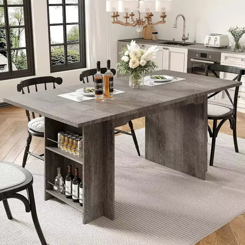 CuisinSmart Table de salle à manger de style rustique avec 4 étagères de rangement spacieuses, table de cuisine rectangulaire en bois rustique, pour 4 à 6 personnes