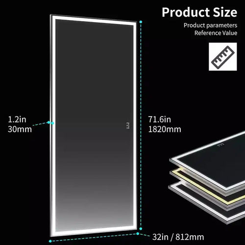 Miroir de salle de bain LED 72x32, miroir mural à cadre en aluminium, commande tactile, intensité variable, design étanche, parfait pour la salle de bain