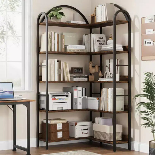5 Tier Corner Bookcase, Industrial Wood Bookshelf with Metal Frame, Open Shelves Book Storage Organizer for Living Room, Bedroom, Home Office