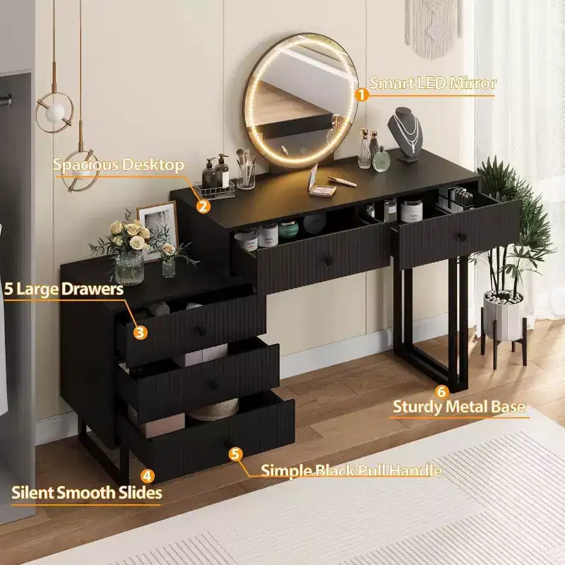 Coiffeuse GustoWave avec miroir et lumières, Petite coiffeuse de maquillage avec 5 tiroirs pour chambre à coucher, Organiseur de coiffeuse avec 3 couleurs de lumières