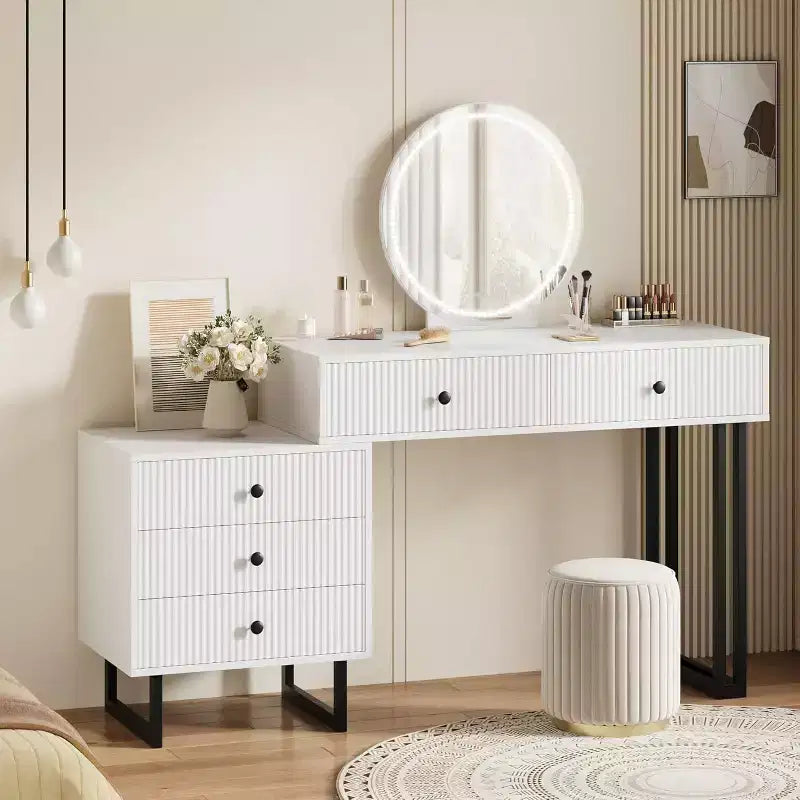 Coiffeuse GustoWave avec miroir et lumières, Petite coiffeuse de maquillage avec 5 tiroirs pour chambre à coucher, Organiseur de coiffeuse avec 3 couleurs de lumières