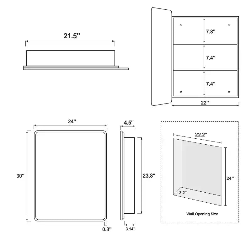 Armoire de toilette rectangulaire noire de 30 x 24 pouces avec miroir