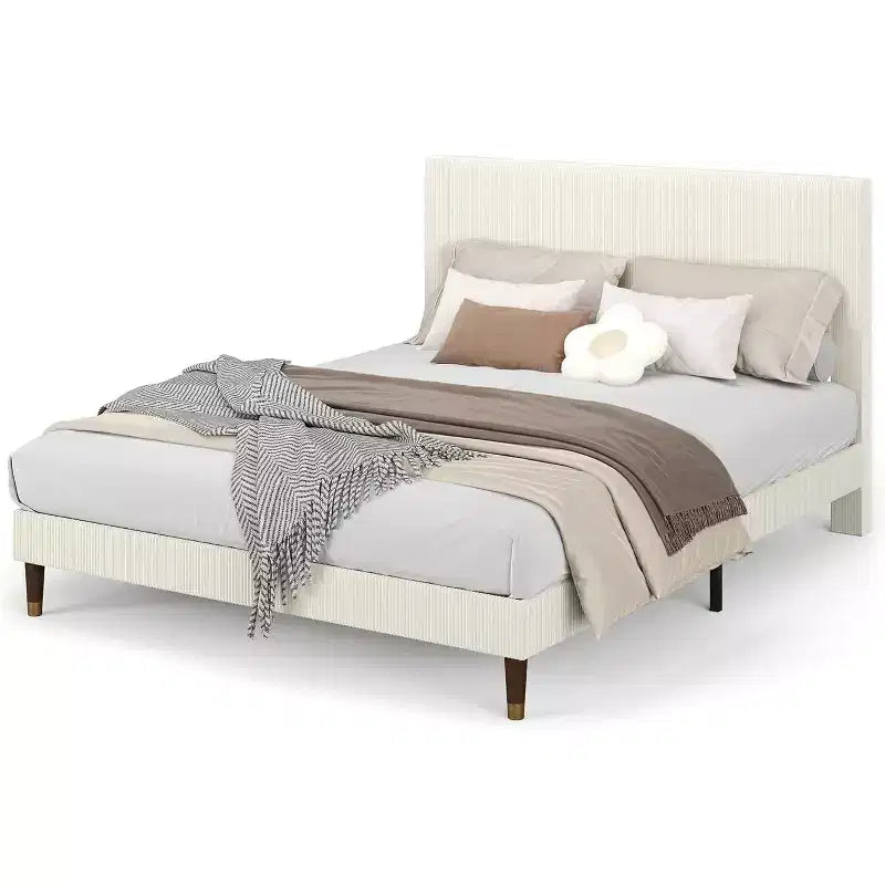 Cadre de lit plateforme Queen Size rembourré avec tête de lit en tissu moderne, cadre en métal robuste et lattes en bois, sans bruit, sommier tapissier non nécessaire, beige