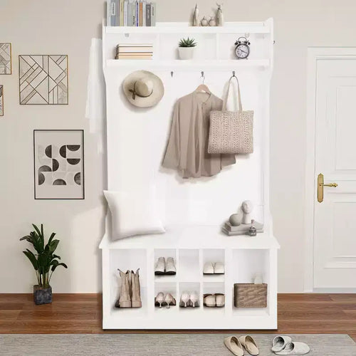 5-in-1 Farmhouse Hall Tree, Entryway Hall Tree, with Shoe Bench & Coat Rack, 8 Shoe Storage Cube, 6 Hanging Hooks Coat Rack