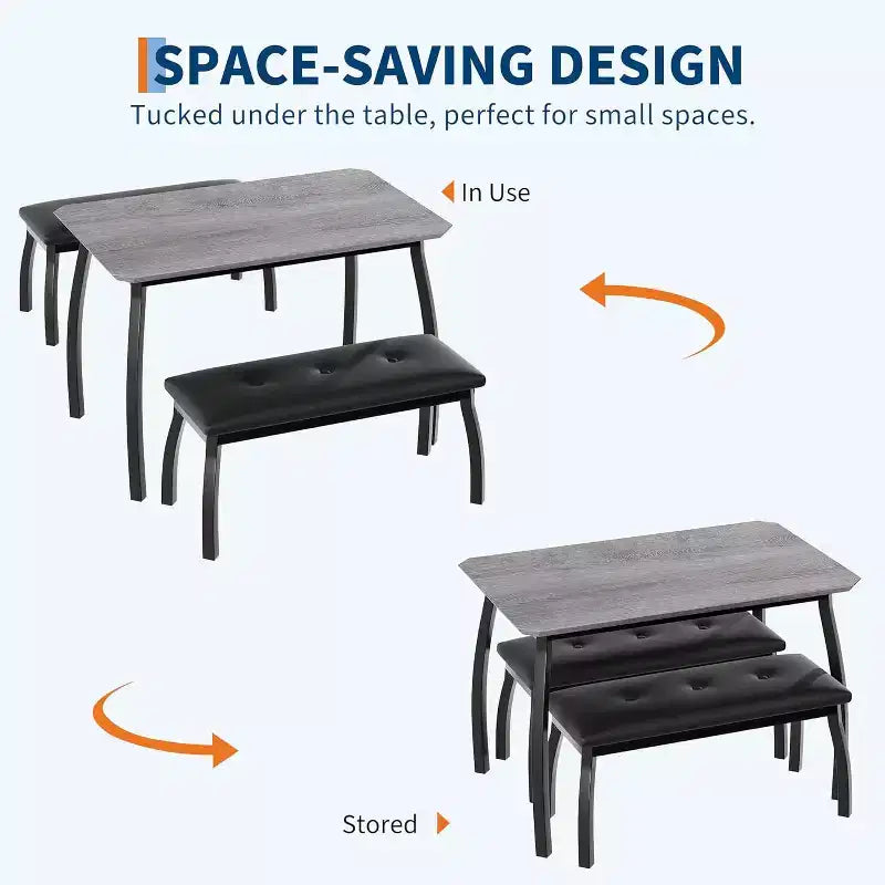 Ensemble table à manger CuisinSmart pour 4, table de cuisine avec 2 bancs rembourrés, ensemble de salle à manger 3 pièces pour petit espace