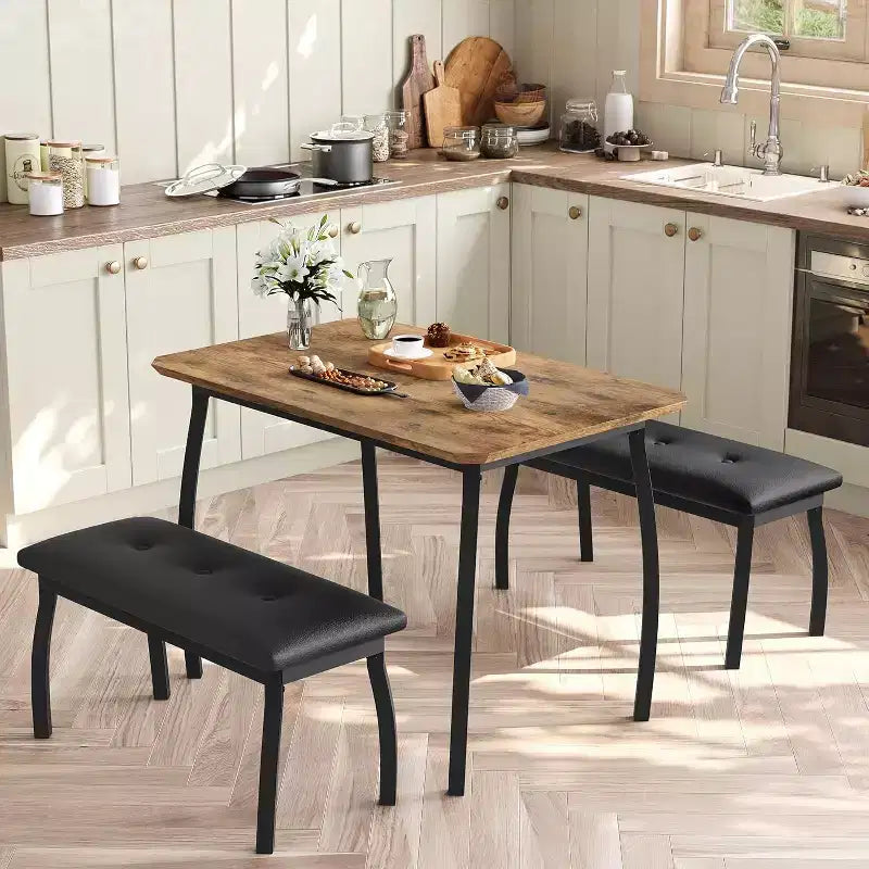 Ensemble table à manger CuisinSmart pour 4, table de cuisine avec 2 bancs rembourrés, ensemble de salle à manger 3 pièces pour petit espace