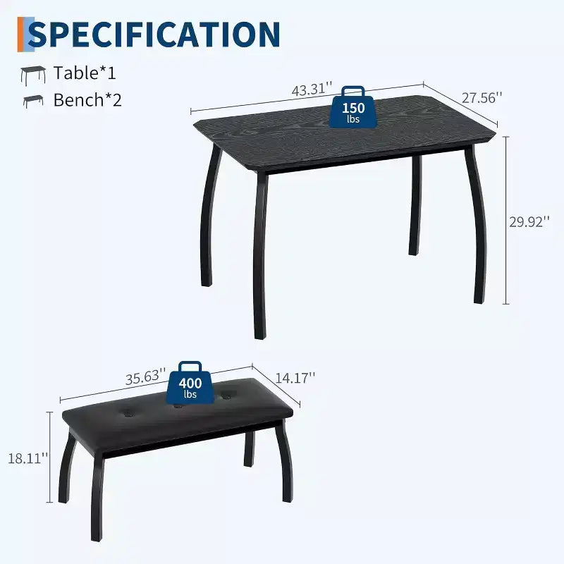 Ensemble table à manger CuisinSmart pour 4, table de cuisine avec 2 bancs rembourrés, ensemble de salle à manger 3 pièces pour petit espace