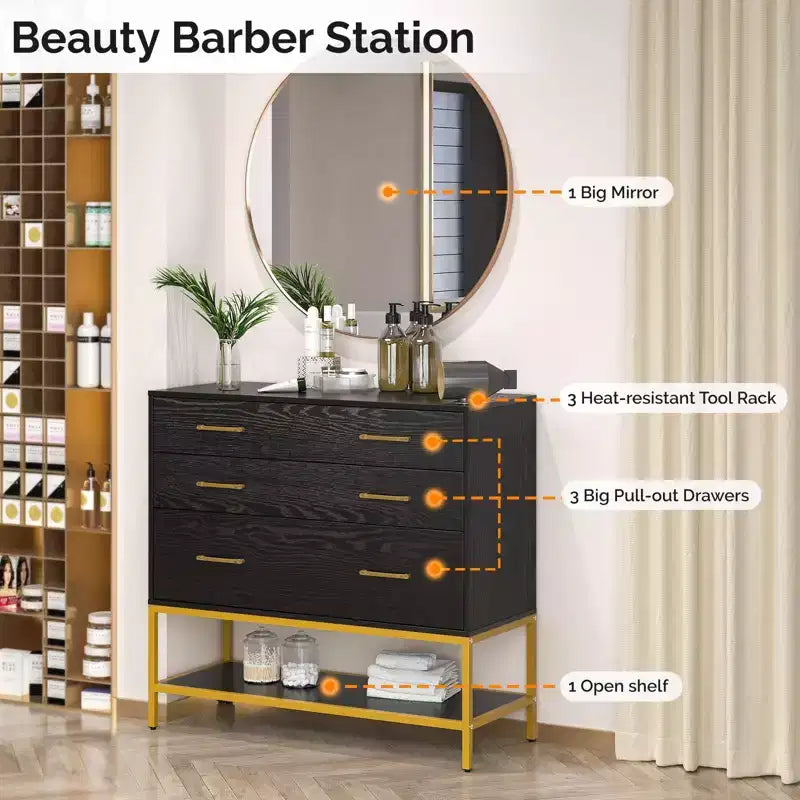 Meuble de rangement pour salon de coiffure Karl avec miroir, 3 tiroirs et 1 étagère ouverte