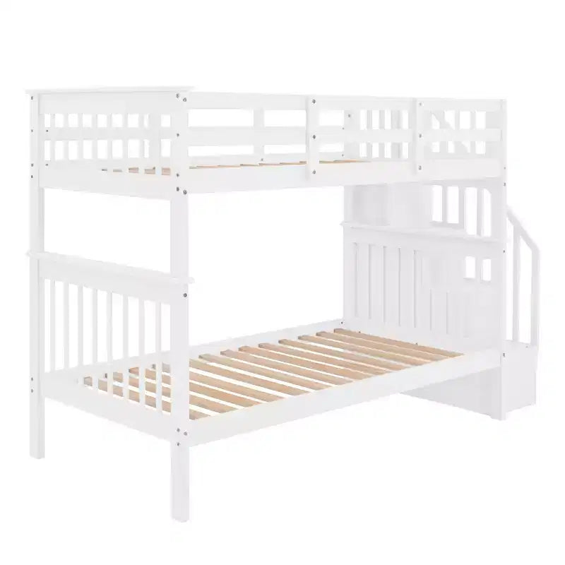Lit superposé jumeau sur jumeau avec escalier, rangement et barrière de sécurité pour chambre à coucher, dortoir, couleur blanche