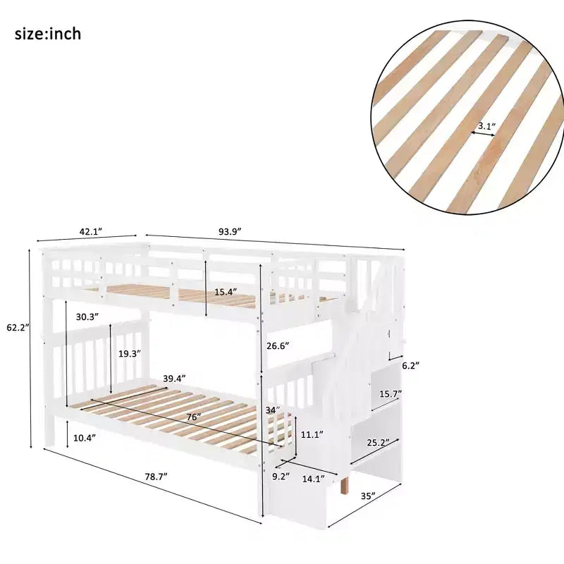 Lit superposé jumeau sur jumeau avec escalier, rangement et barrière de sécurité pour chambre à coucher, dortoir, couleur blanche