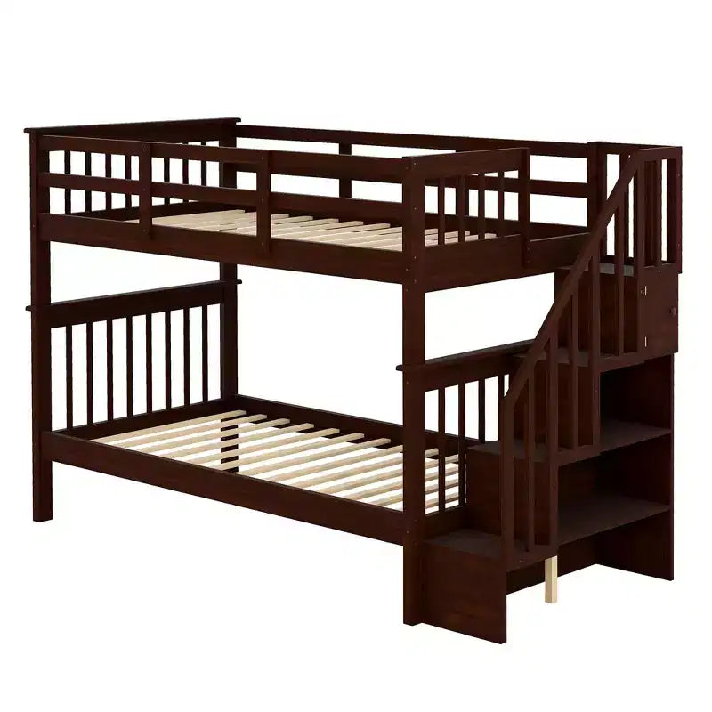 Lit superposé jumeau sur jumeau avec escalier, rangement et barrière de sécurité pour chambre à coucher, dortoir, couleur blanche