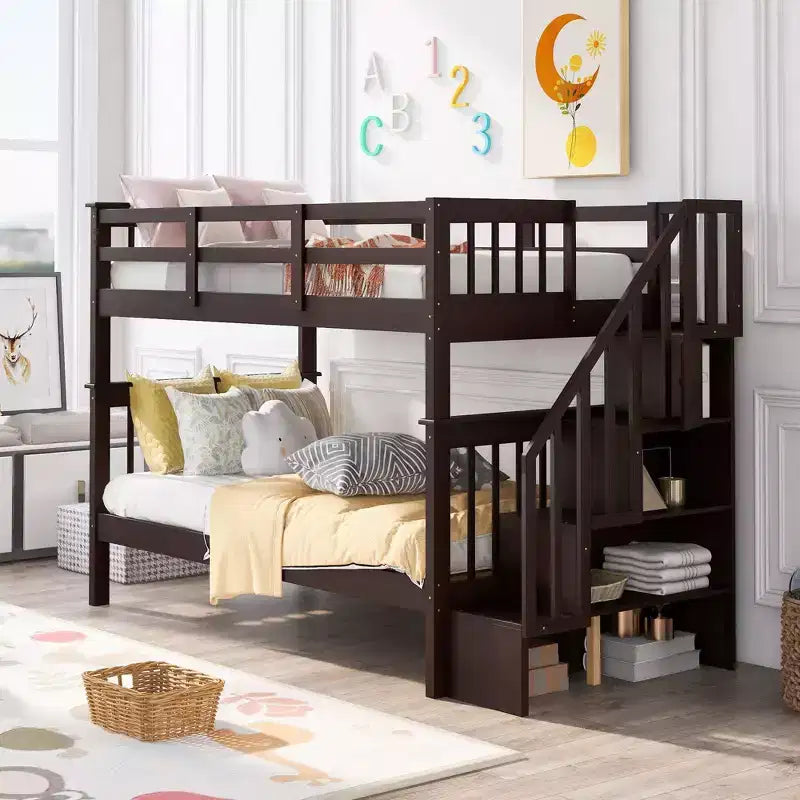Lit superposé jumeau sur jumeau avec escalier, rangement et barrière de sécurité pour chambre à coucher, dortoir, couleur blanche