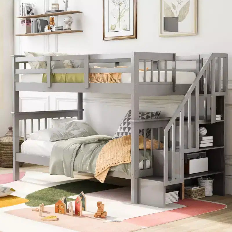 Lit superposé jumeau sur jumeau avec escalier, rangement et barrière de sécurité pour chambre à coucher, dortoir, couleur blanche
