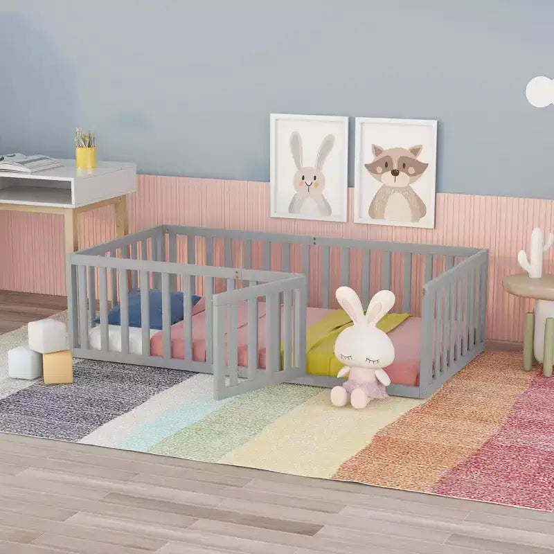 Cadre de lit simple en bois avec clôture et porte blanc