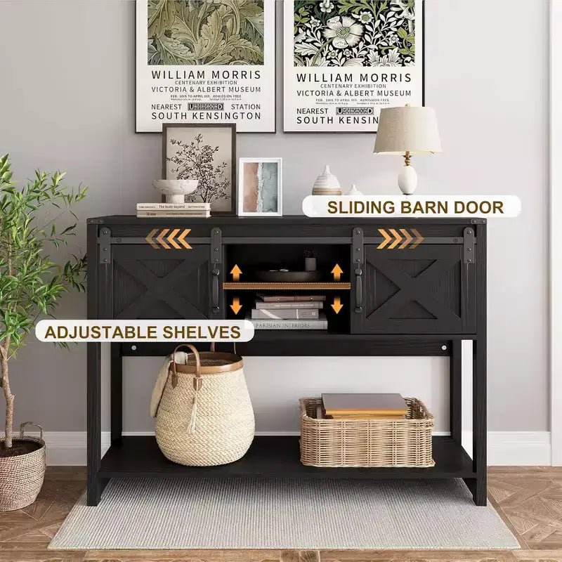 Table console d'entrée RoyalCraft de style rustique avec étagères de rangement, porte coulissante façon grange et plateau spacieux pour salon ou hall d'entrée, Noir