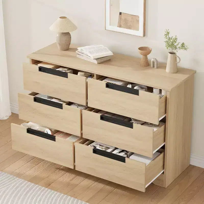 Commode TROPOW 6 tiroirs pour chambre à coucher, organiseur double moderne avec poignées encastrées, commode en bois pour salon