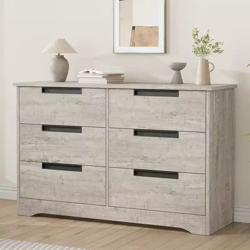 Commode TROPOW 6 tiroirs pour chambre à coucher, organiseur double moderne avec poignées encastrées, commode en bois pour salon