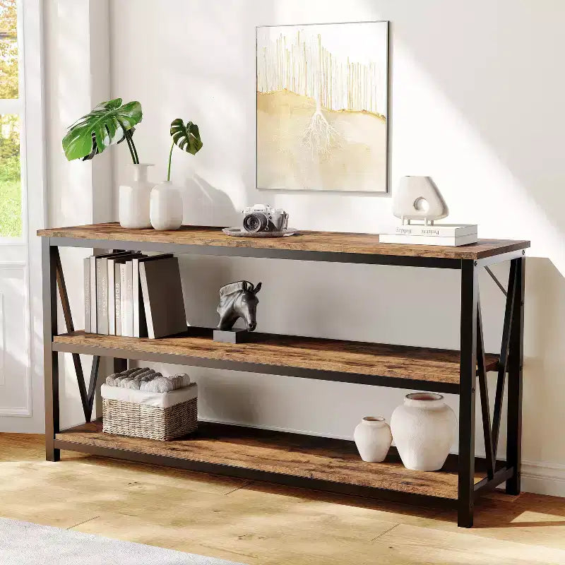 Console étroite, Console avec étagères de rangement, Table d'appoint fine, Table de canapé étroite, Console grise