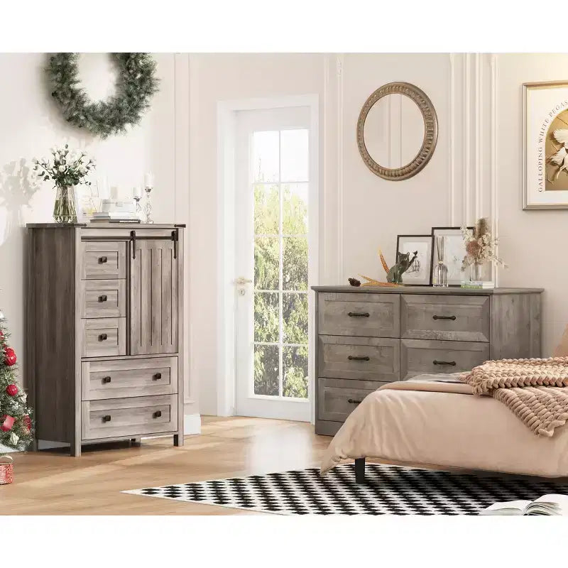 Commode de chambre à 5 tiroirs de style ferme, commode haute en bois de 122 cm avec porte coulissante de style grange, étagère réglable, organisateur de rangement