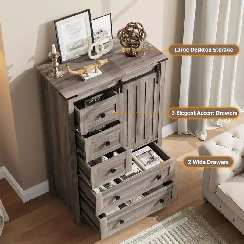 Commode de chambre à 5 tiroirs de style ferme, commode haute en bois de 122 cm avec porte coulissante de style grange, étagère réglable, organisateur de rangement