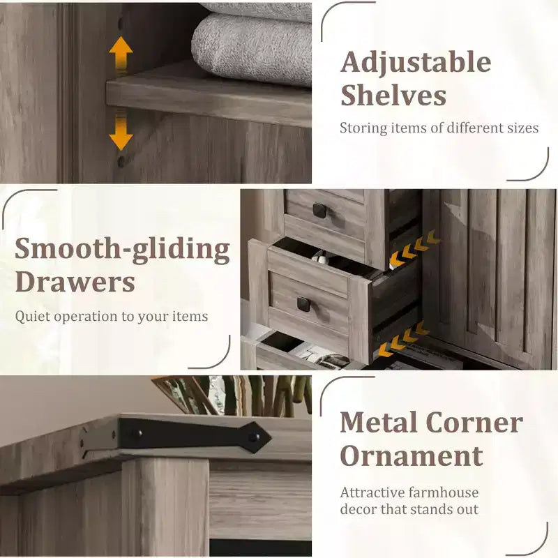 Commode de chambre à 5 tiroirs de style ferme, commode haute en bois de 122 cm avec porte coulissante de style grange, étagère réglable, organisateur de rangement