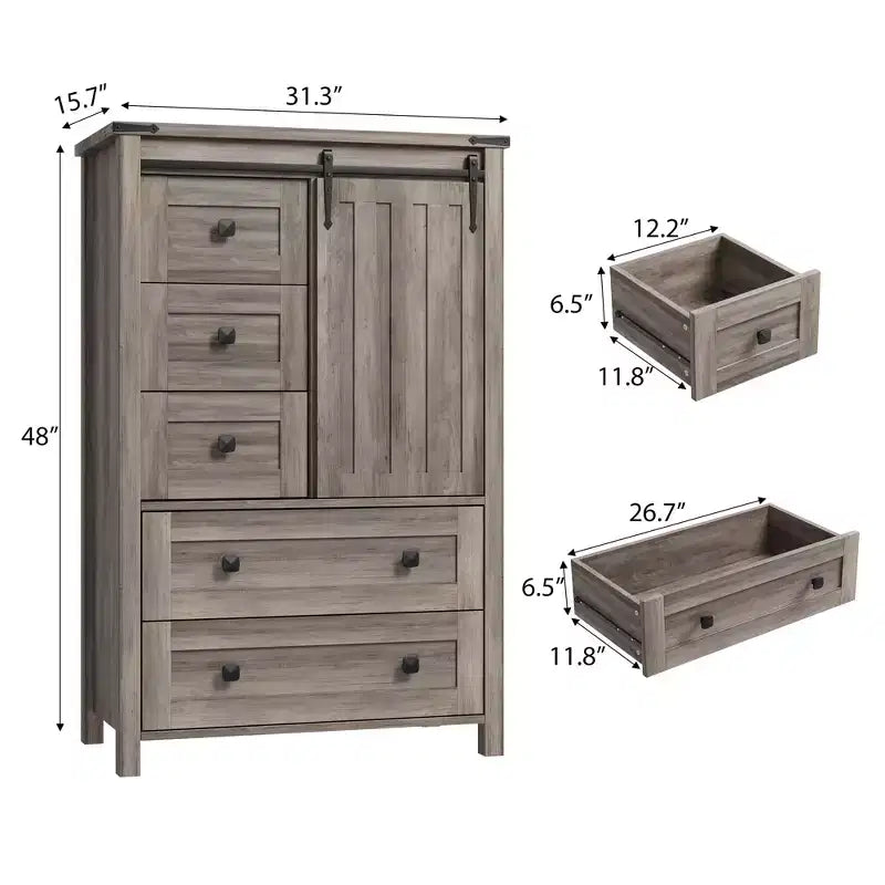 Commode de chambre à 5 tiroirs de style ferme, commode haute en bois de 122 cm avec porte coulissante de style grange, étagère réglable, organisateur de rangement