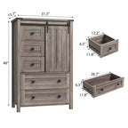 Commode de chambre à 5 tiroirs de style ferme, commode haute en bois de 122 cm avec porte coulissante de style grange, étagère réglable, organisateur de rangement
