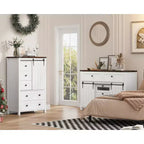 Commode de chambre à 5 tiroirs de style ferme, commode haute en bois de 122 cm avec porte coulissante de style grange, étagère réglable, organisateur de rangement