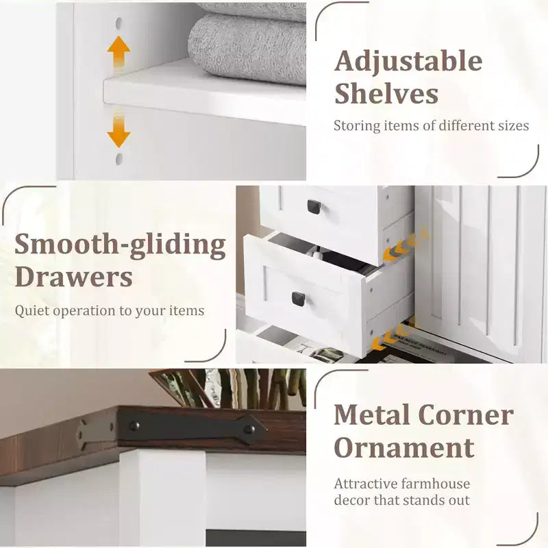 Commode de chambre à 5 tiroirs de style ferme, commode haute en bois de 122 cm avec porte coulissante de style grange, étagère réglable, organisateur de rangement
