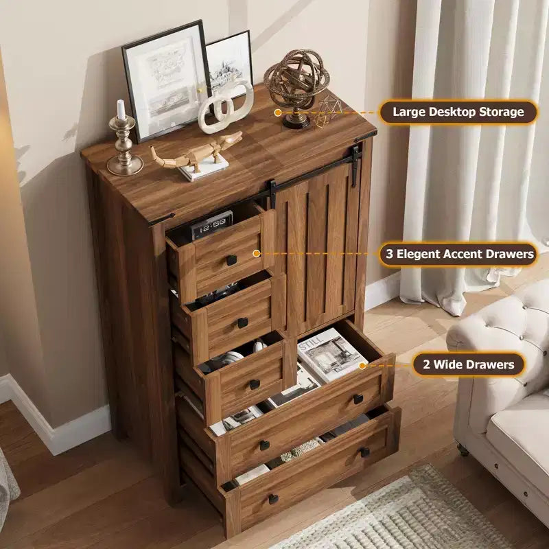 Commode de chambre à 5 tiroirs de style ferme, commode haute en bois de 122 cm avec porte coulissante de style grange, étagère réglable, organisateur de rangement