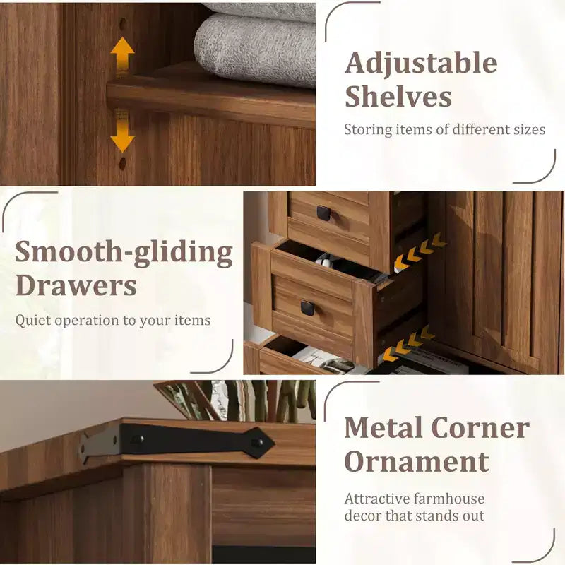 Commode de chambre à 5 tiroirs de style ferme, commode haute en bois de 122 cm avec porte coulissante de style grange, étagère réglable, organisateur de rangement