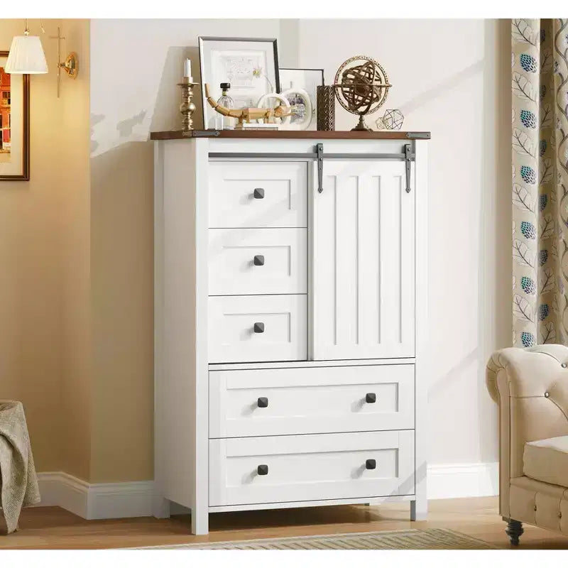 Commode de chambre à 5 tiroirs de style ferme, commode haute en bois de 122 cm avec porte coulissante de style grange, étagère réglable, organisateur de rangement