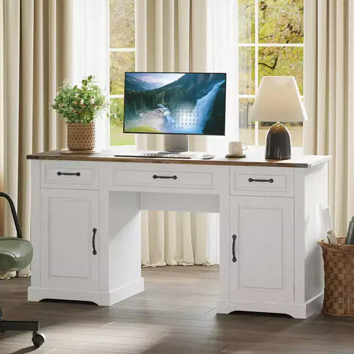 60 Executive Desk with Drawers, Farmhouse Home Office Desk with Storage Cabinets, Rustic Computer Writing Desks, (Antique White-1)