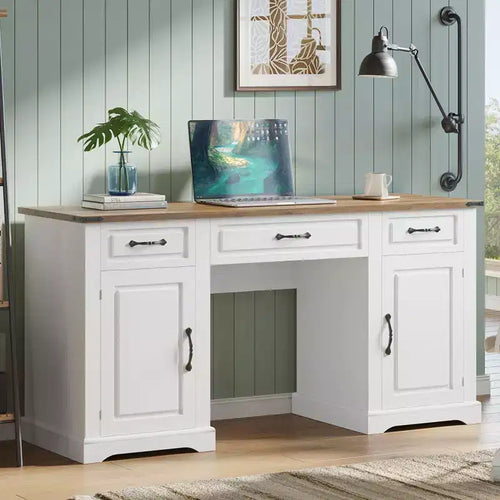 Bureau de direction de 60 po avec tiroirs, bureau d'ordinateur de style rustique pour bureau à domicile avec armoires de rangement, (Blanc antique-1)