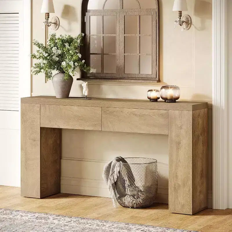Table console en bois Lantine de 63 pouces avec 2 tiroirs cachés, table de canapé style ferme pour salon, couloir, entrée, hall, assemblage facile